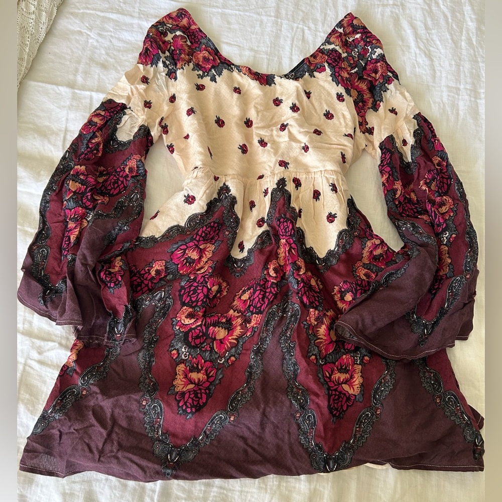 Free People White Purple Floral Bell Sleeve Low Back Dress